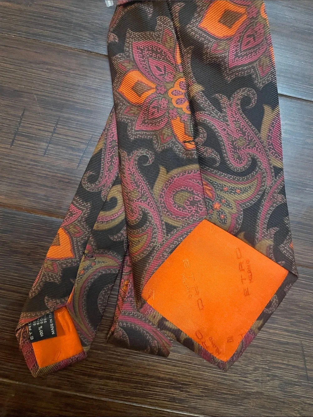 Etro Brown Paisley Silk Tie with Orange and Burgundy Accents